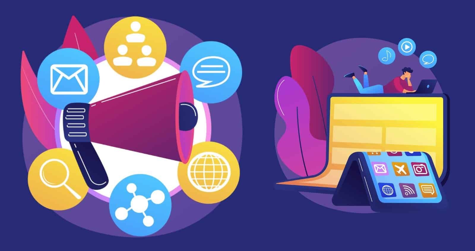 Digital marketing icons including email, social media, and analytics tools.